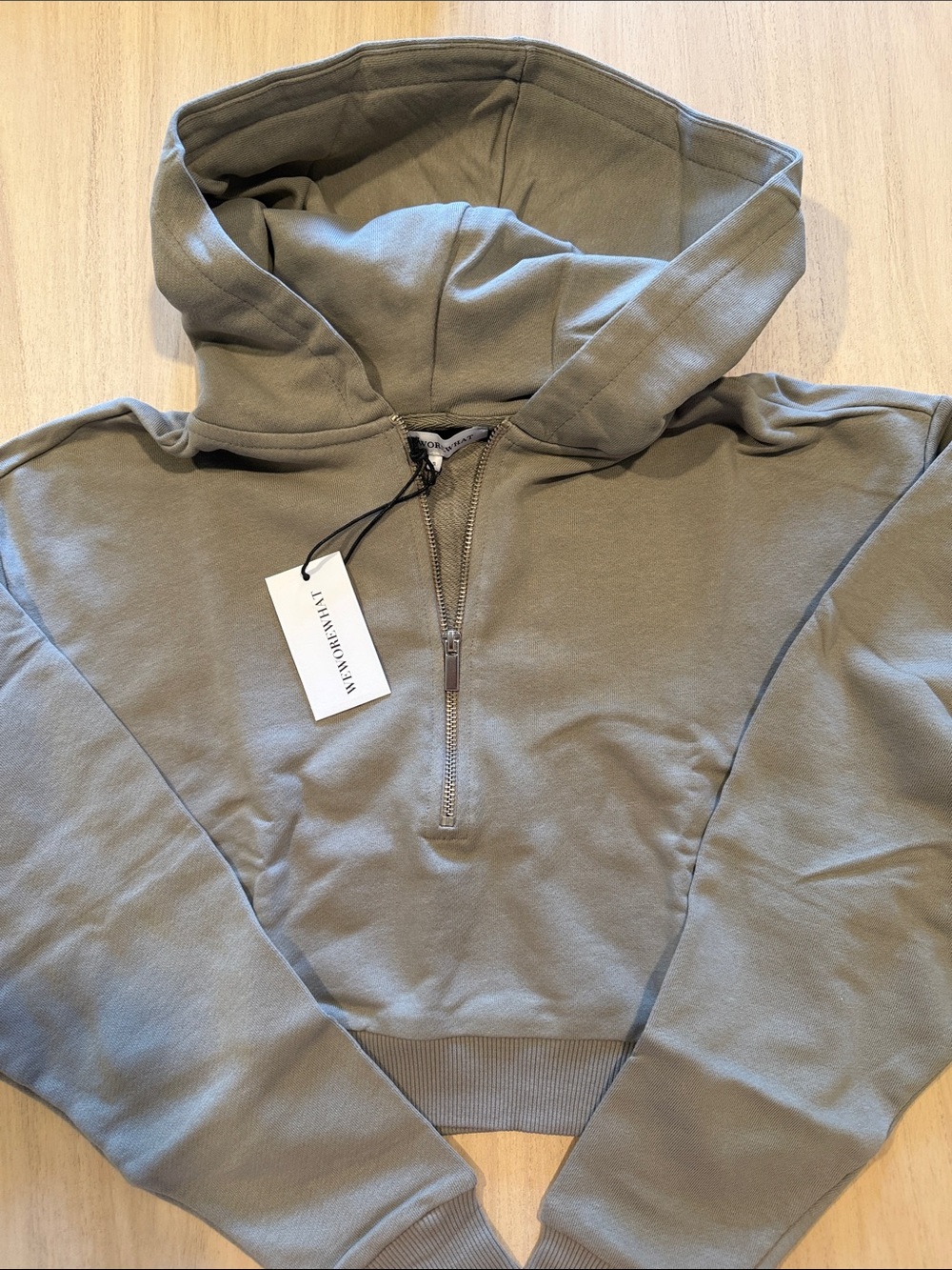 NWT WeWoreWhat Cropped Half Zip Hoodie Taupe 100% Cotton Sweatshirt Size Small